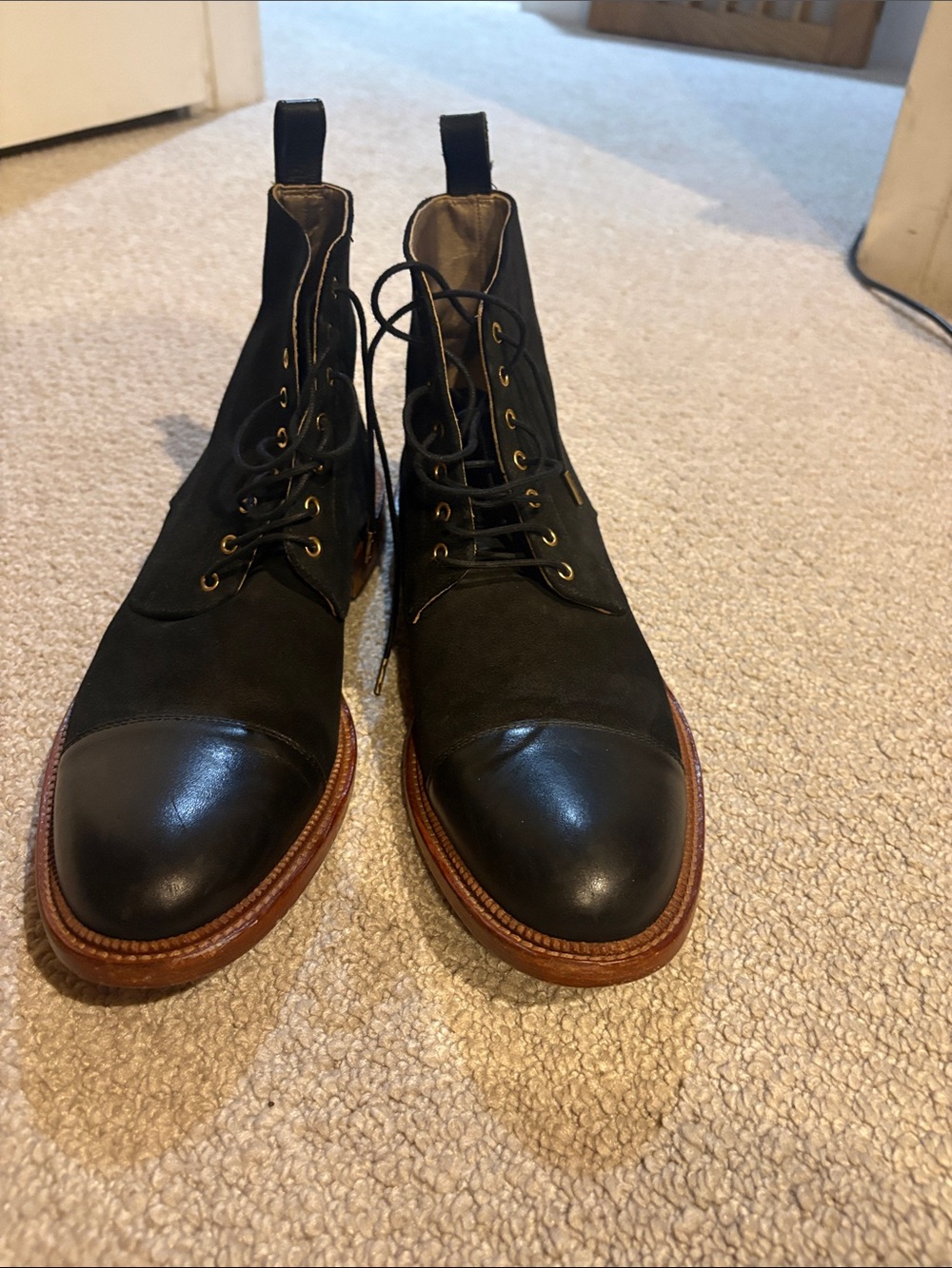 Taft Black Leather Cap-Toe Lace-Up Boots with Brown Welt